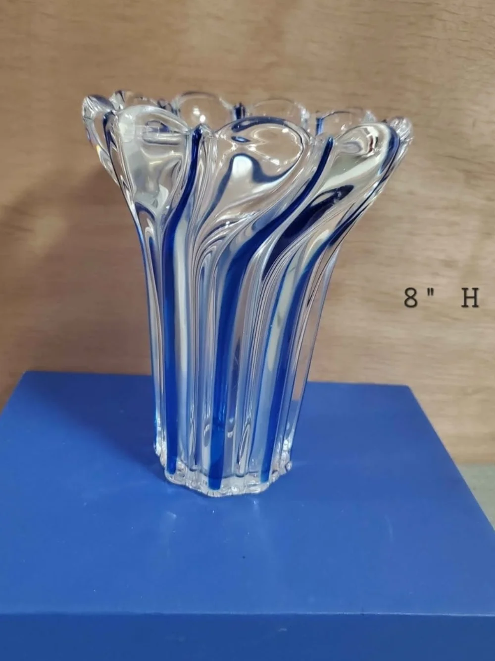 Mikasa Clear Glass Vase with Bold Blue Stripes